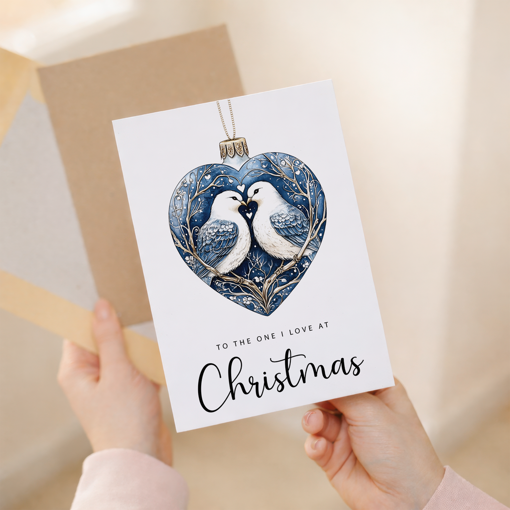 Christmas Card For Loved One Turtle Dove Bauble Love Heart Illustration Romantic Christmas Card For The One I Love