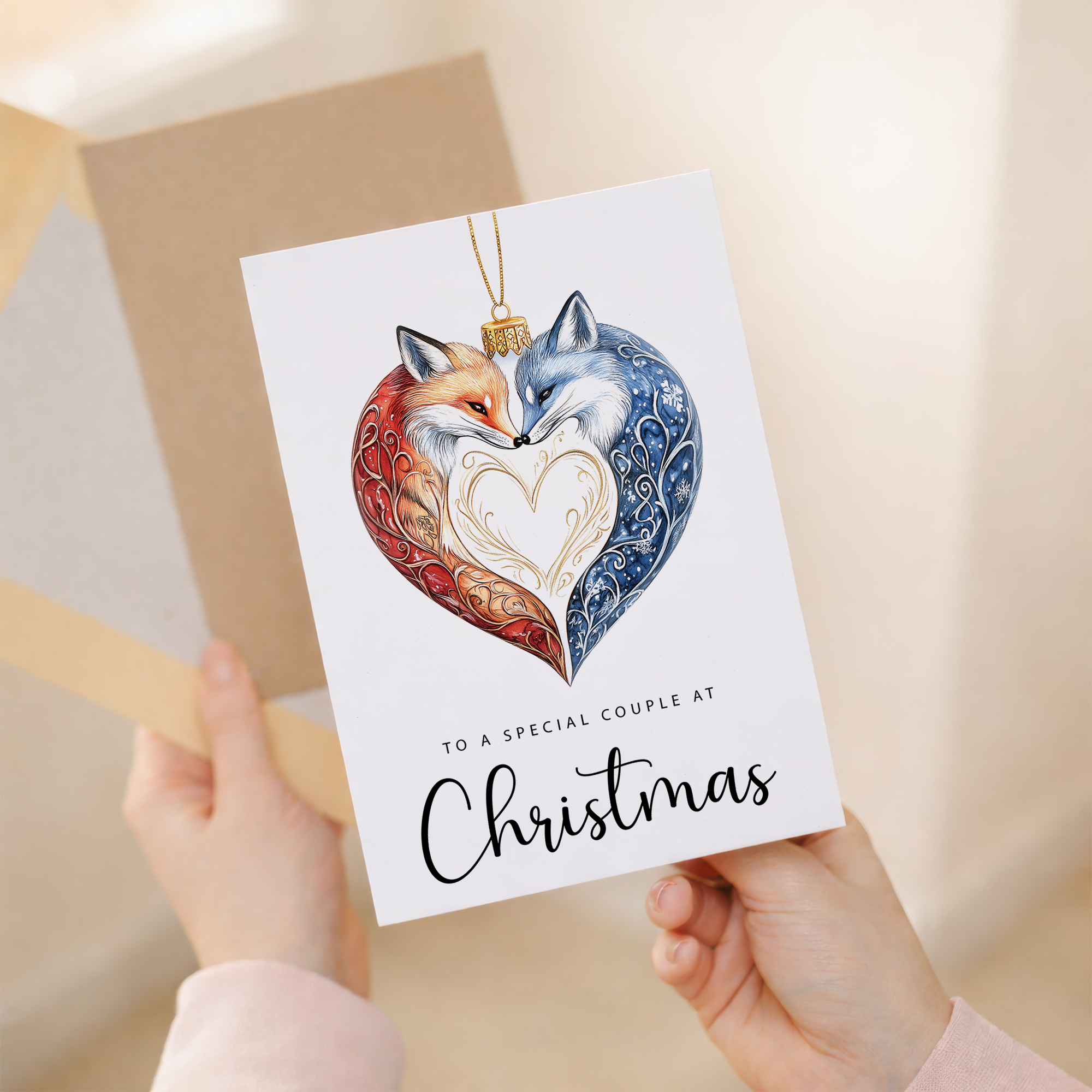 A romantic Christmas card featuring an illustration of two foxes and a red love heart inside a festive bauble design.