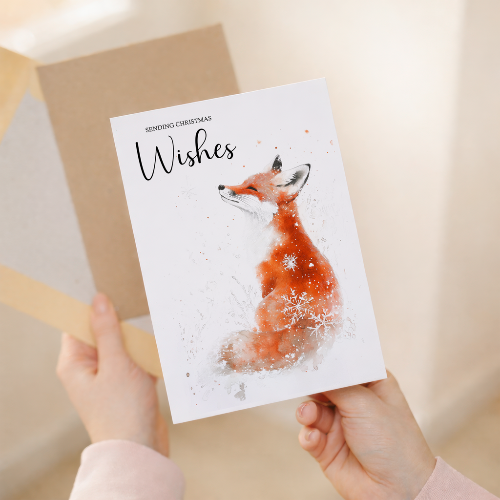 Elegant Christmas Card Featuring a Watercolour Fox Illustration Christmas Wishes Fox Christmas Card