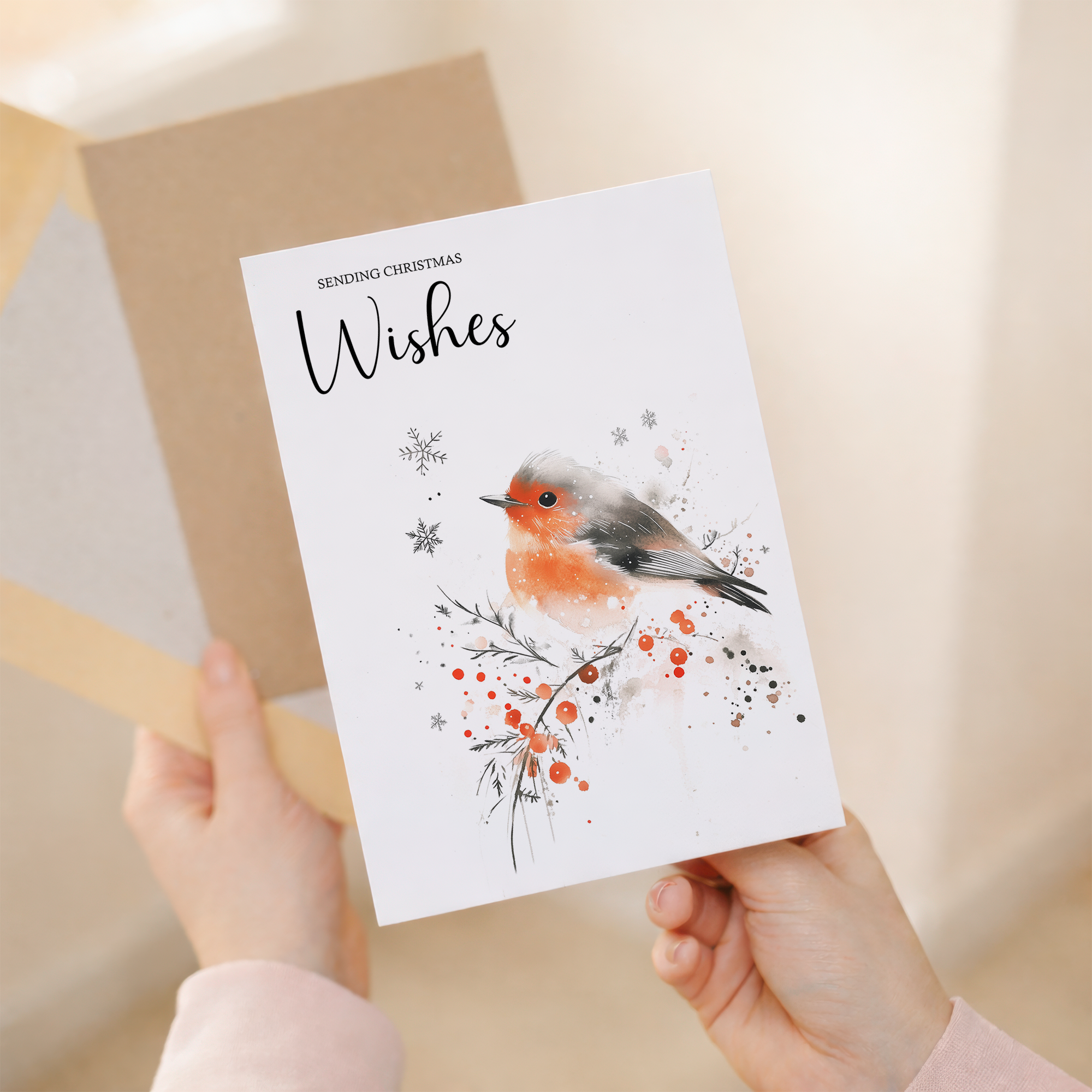 Elegant Christmas Card Featuring a Watercolour Robin Illustration Christmas Wishes Robin Christmas Card