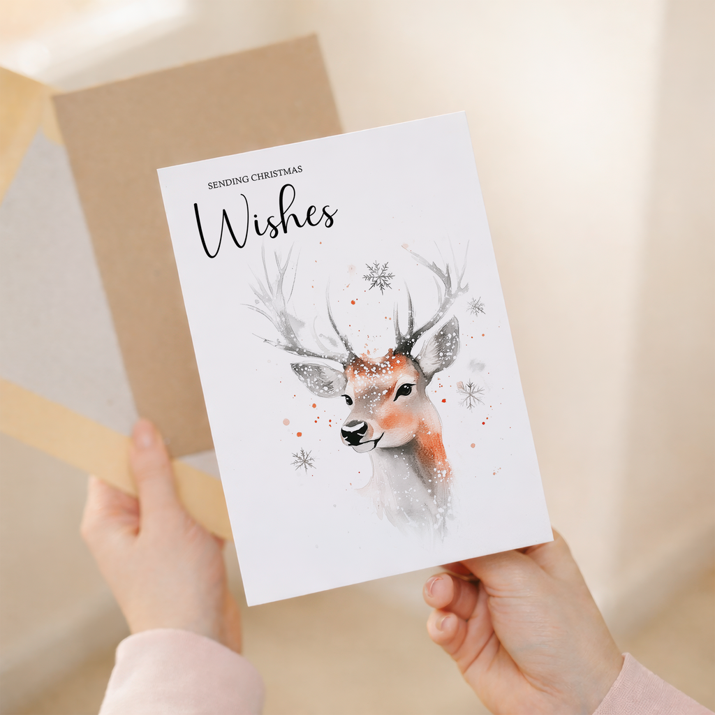 Elegant Christmas Card Featuring a Watercolour Stag Illustration Christmas Wishes Stag Christmas Card
