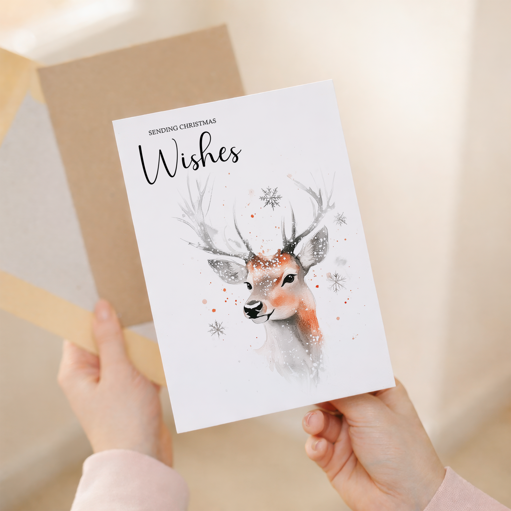 Elegant Christmas Card Featuring a Watercolour Stag Illustration Christmas Wishes Stag Christmas Card