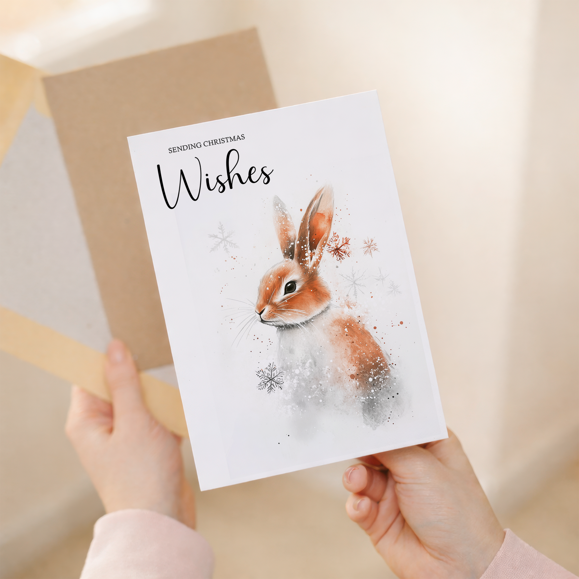 Elegant Christmas Card Featuring a Watercolour Rabbit Illustration Christmas Wishes Bunny Christmas Card