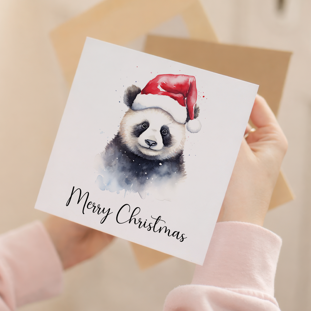 Fun Christmas Card of a Panda Wearing A Santa Hat Whimsical Watercolour Christmas Card For Animal Lover For Him or Her
