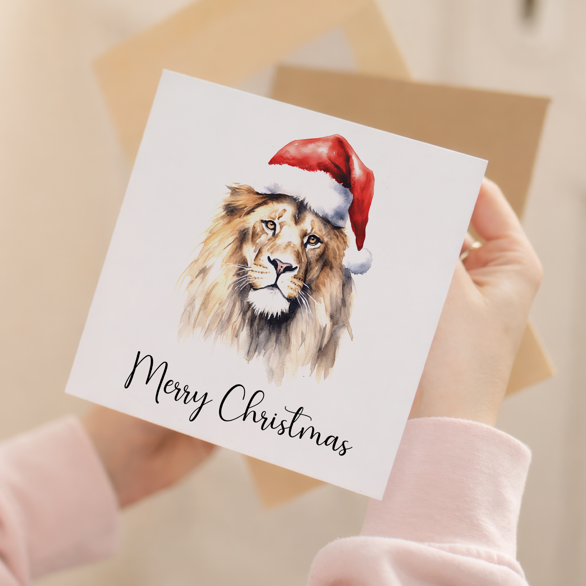 Fun Christmas Card of a Lion Wearing A Santa Hat Whimsical Watercolour Christmas Card For Animal Lover For Him or Her