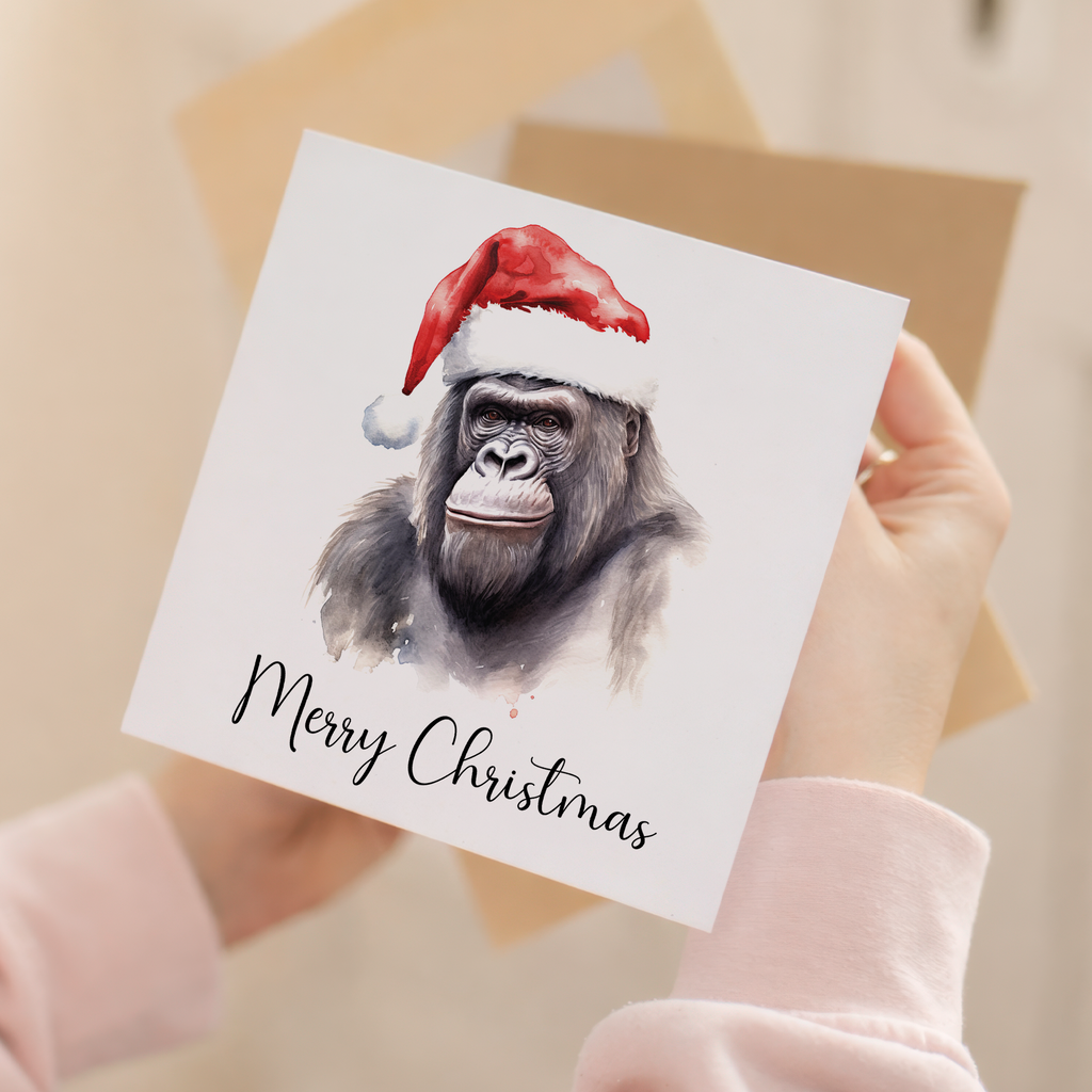 Fun Christmas Card of a Gorilla Wearing A Santa Hat Whimsical Watercolour Christmas Card For Animal Lover For Him or Her