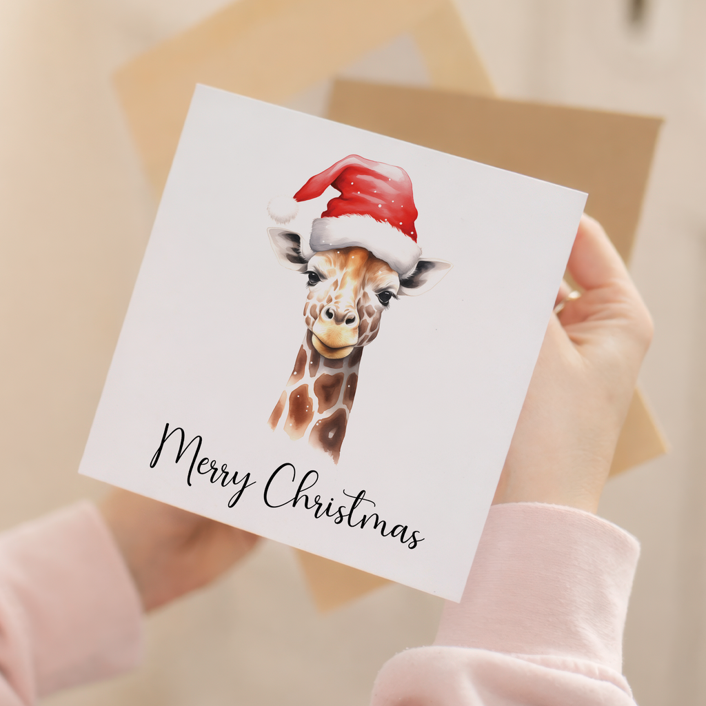 Fun Christmas Card of a Giraffe Wearing A Santa Hat Whimsical Watercolour Christmas Card For Animal Lover For Him or Her