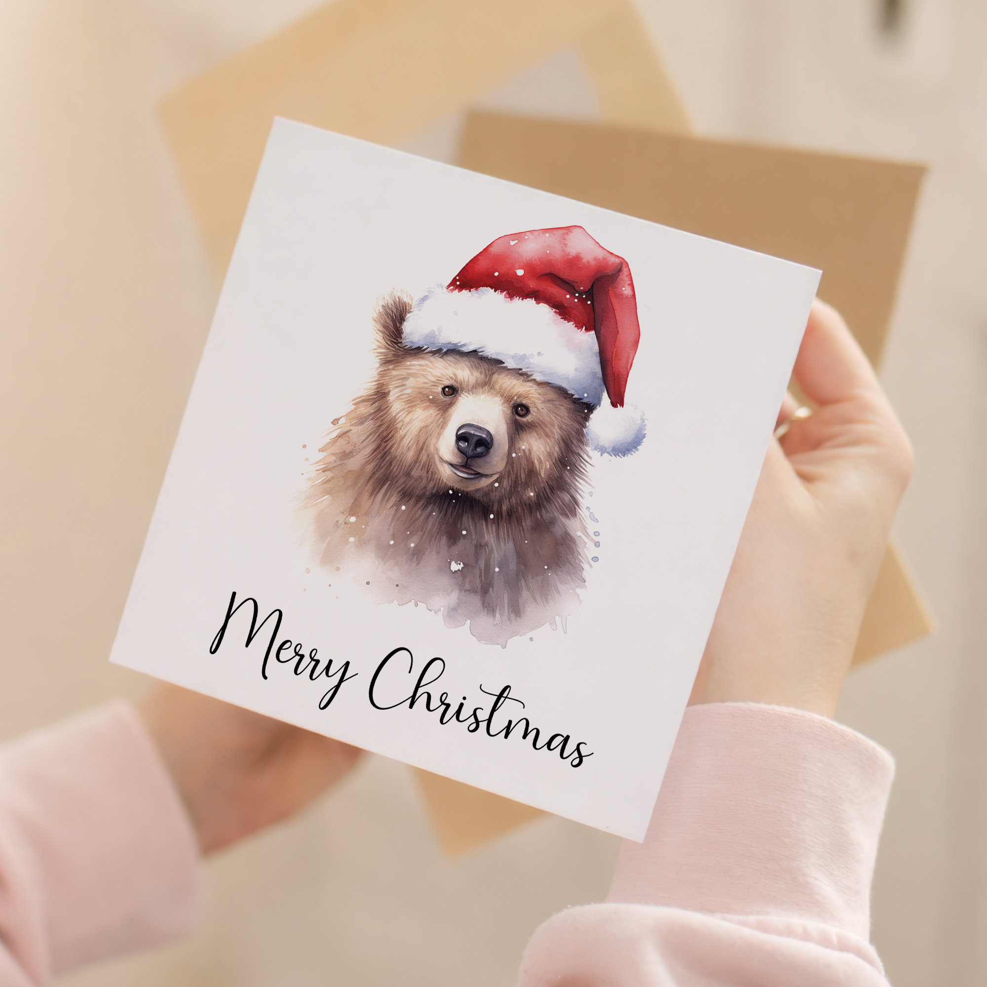 Fun Christmas Card of a Bear Wearing A Santa Hat Whimsical Watercolour Christmas Card For Animal Lover For Him or Her