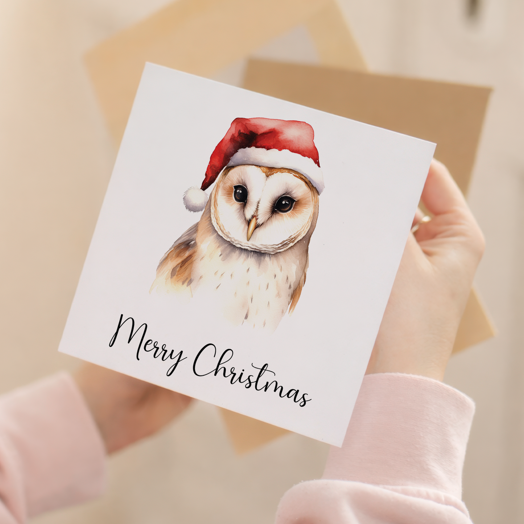 Fun Christmas Card of a Barn Owl Wearing A Santa Hat Whimsical Watercolour Christmas Card For Bird Lover For Him or Her