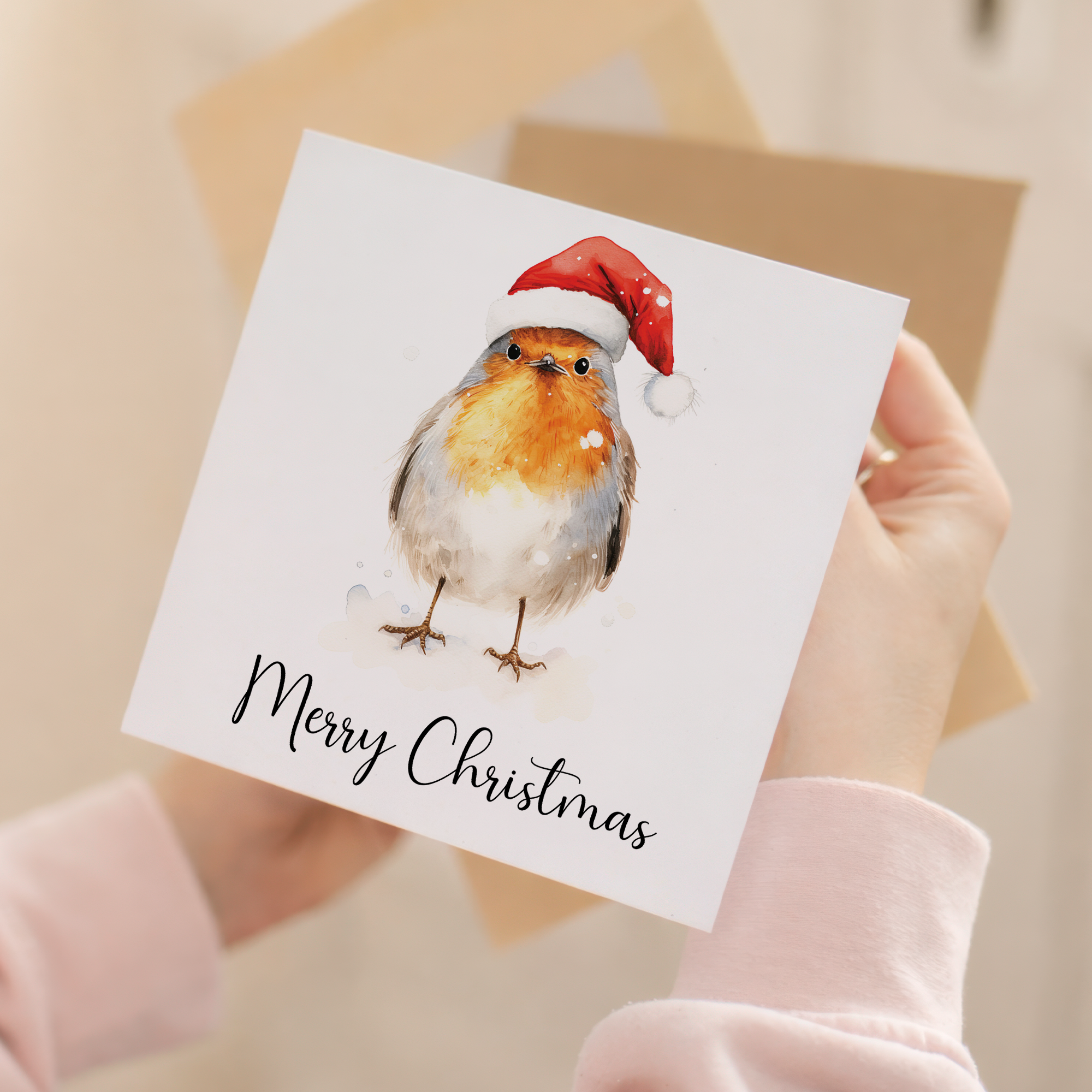 Fun Christmas Card of a Robin Wearing A Santa Hat Whimsical Watercolour Christmas Card For Bird Lover For Him or Her