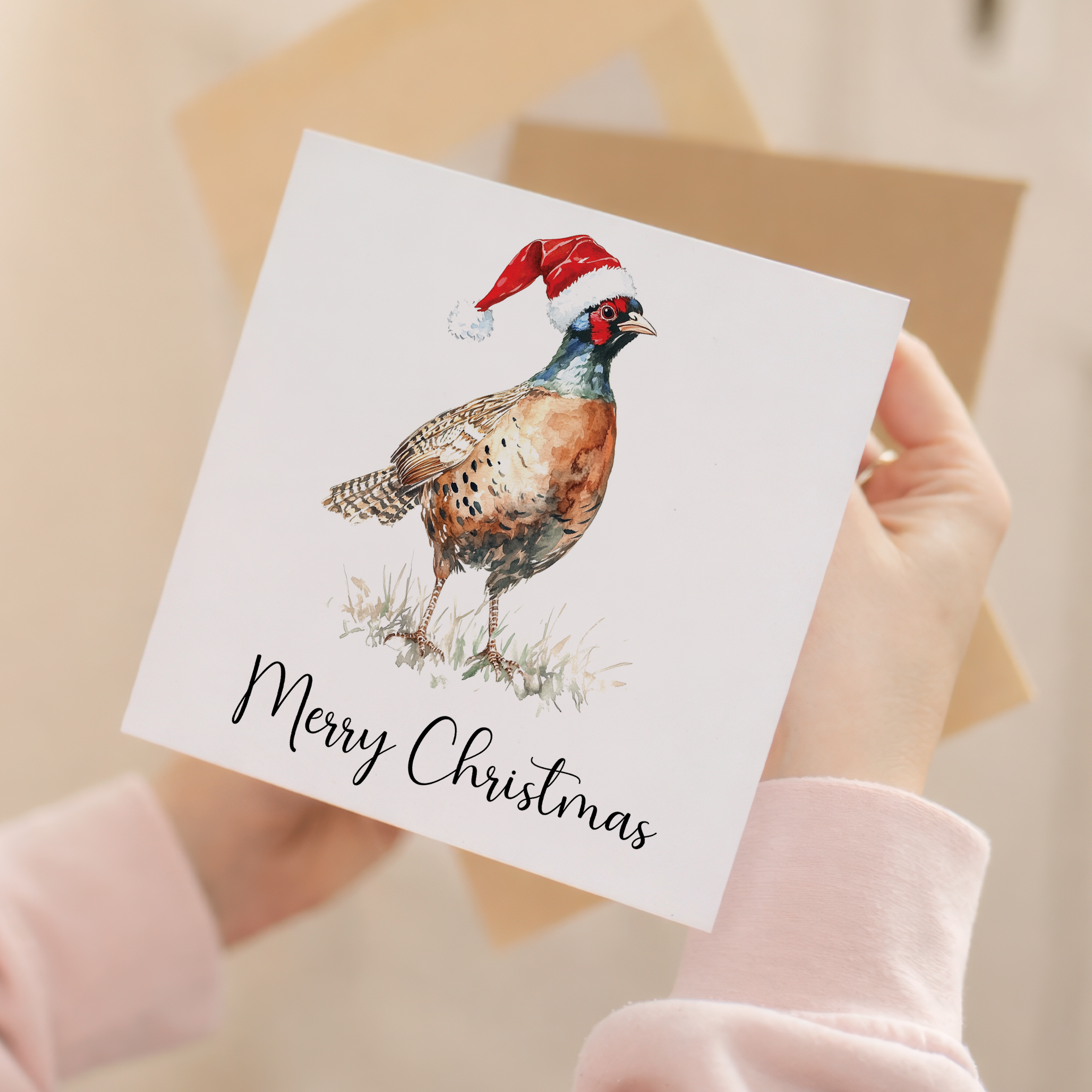 Fun Christmas Card of a Pheasant Wearing A Santa Hat Whimsical Watercolour Christmas Card For Bird Lover For Him or Her