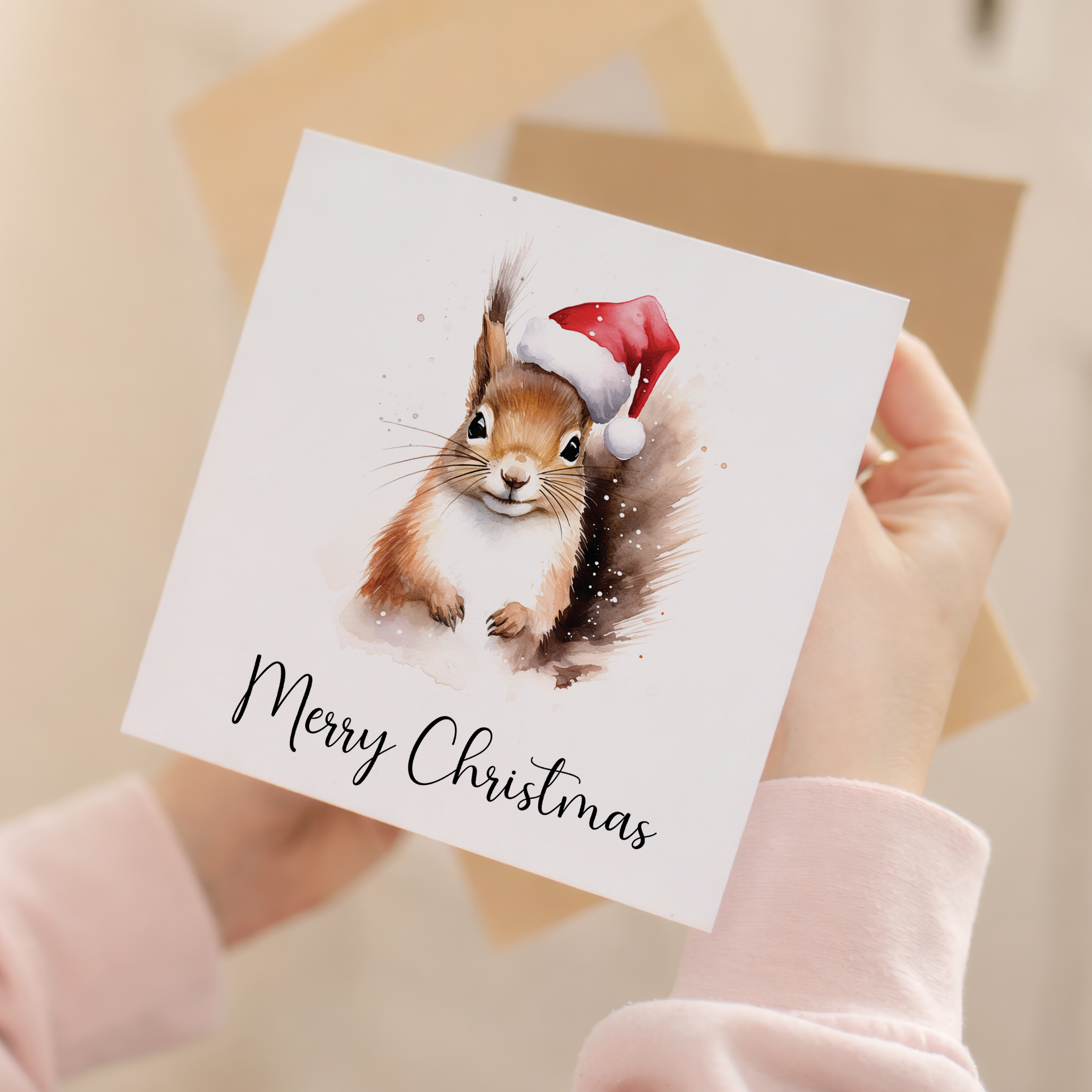 Fun Christmas Card of a Squirrel Wearing A Santa Hat Whimsical Watercolour Christmas Card For Animal Lover For Him or Her