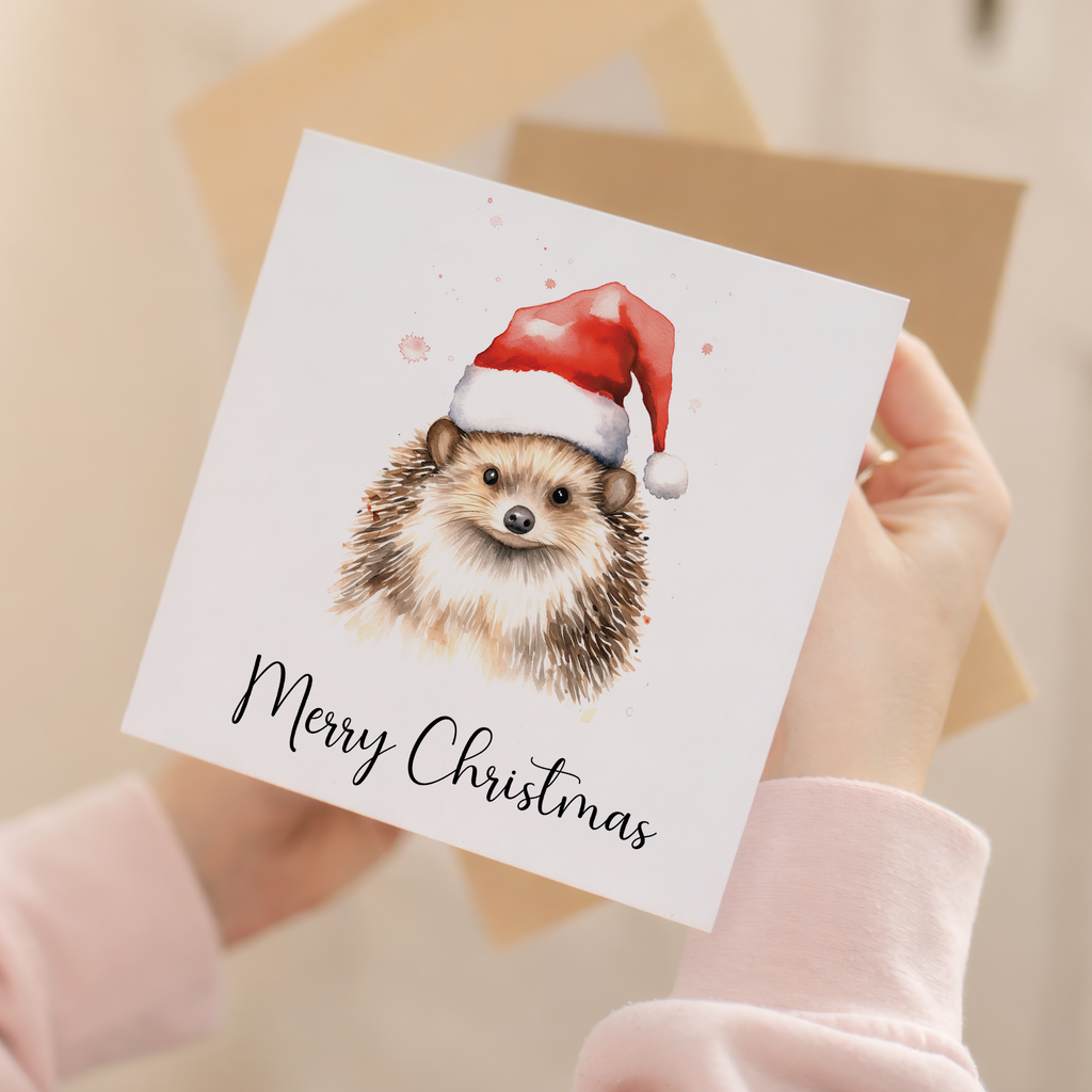 Fun Christmas Card of a Hedgehog Wearing A Santa Hat Whimsical Watercolour Christmas Card For Animal Lover For Him or Her