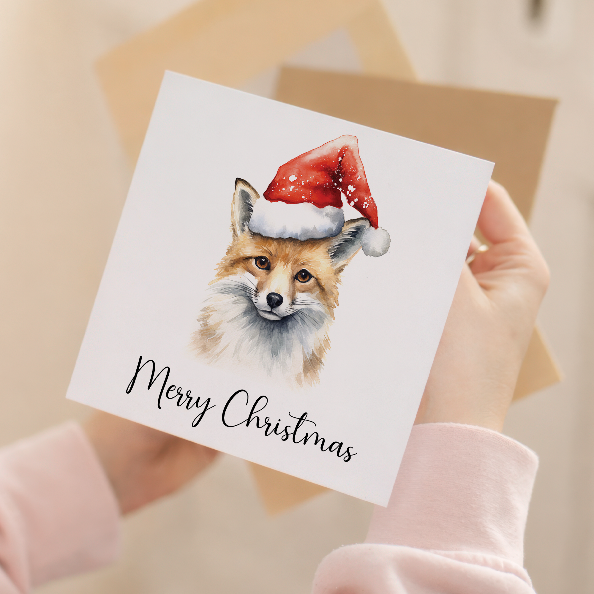 Fun Christmas Card of a Fox Wearing A Santa Hat Whimsical Watercolour Christmas Card For Animal Lover For Him or Her