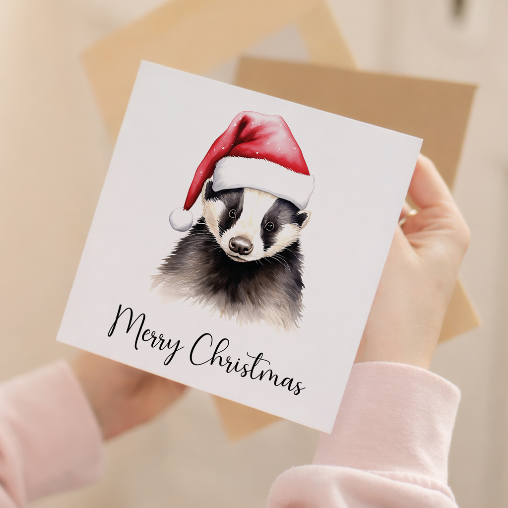 Fun Christmas Card of a Badger Wearing A Santa Hat Whimsical Watercolour Christmas Card For Animal Lover For Him or Her