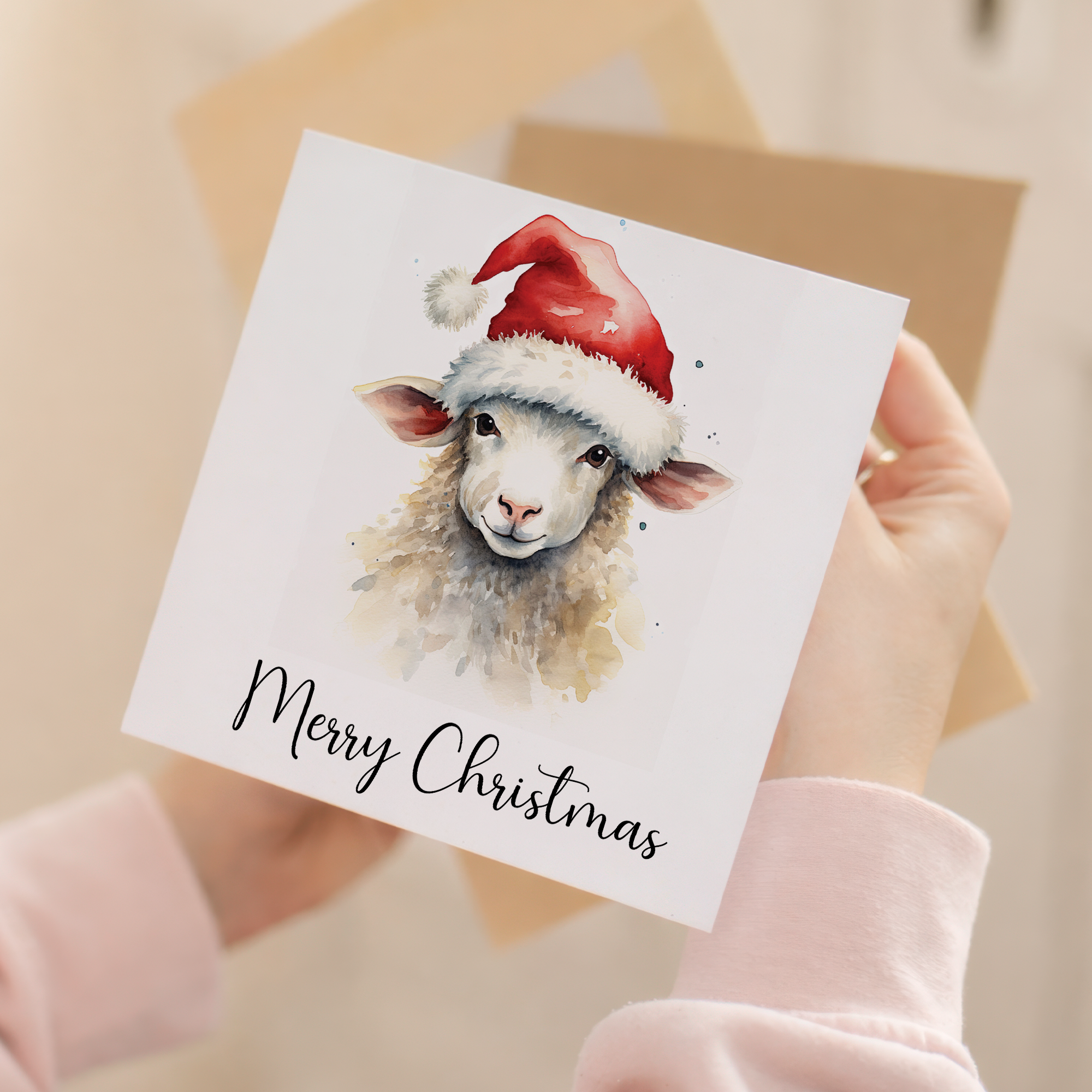 Fun Christmas Card of a Sheep Wearing A Santa Hat Whimsical Watercolour Christmas Card For Animal Lover For Him or Her