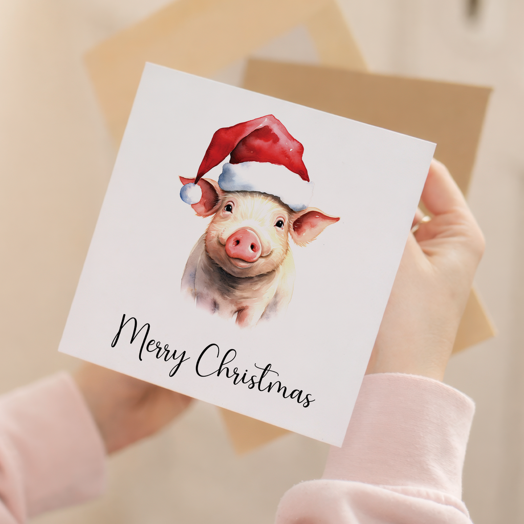 Fun Christmas Card of a Pig Wearing A Santa Hat Whimsical Watercolour Christmas Card For Animal Lover For Him or Her