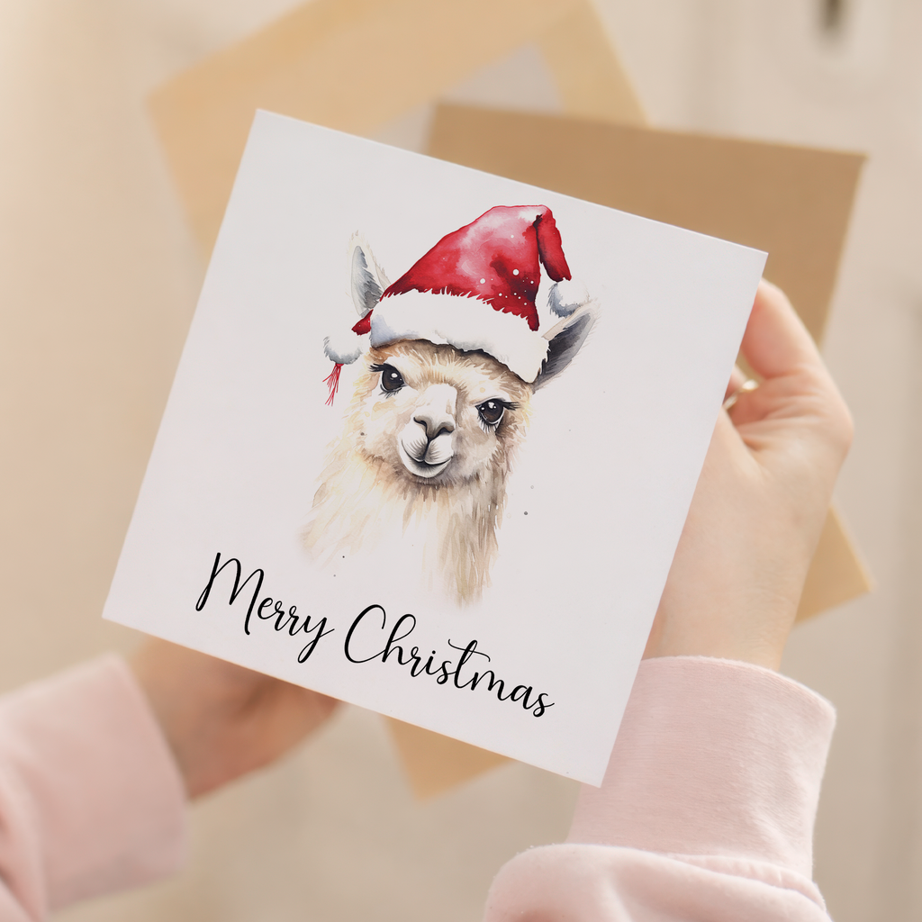 Fun Christmas Card of a Llama Wearing A Santa Hat Whimsical Watercolour Christmas Card For Animal Lover For Him or Her