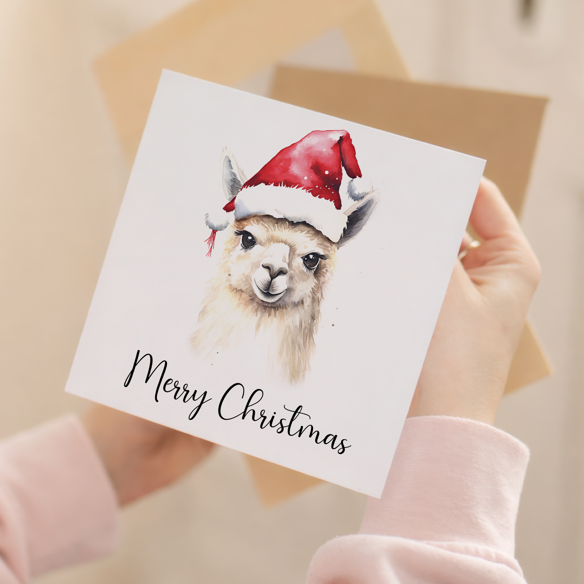Fun Christmas Card of a Llama Wearing A Santa Hat Whimsical Watercolour Christmas Card For Animal Lover For Him or Her