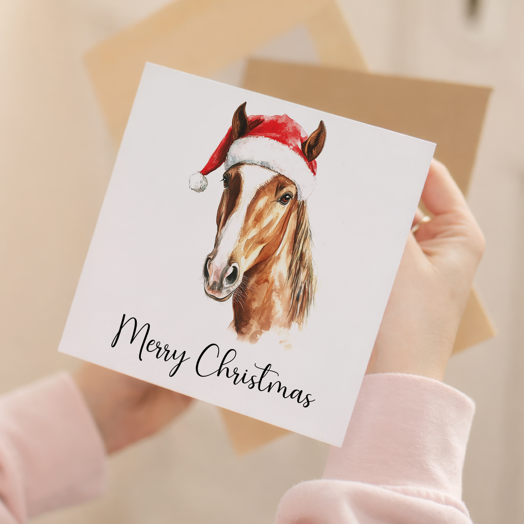 Fun Christmas Card of a Horse Wearing A Santa Hat Whimsical Watercolour Christmas Card For Animal Lover For Him or Her