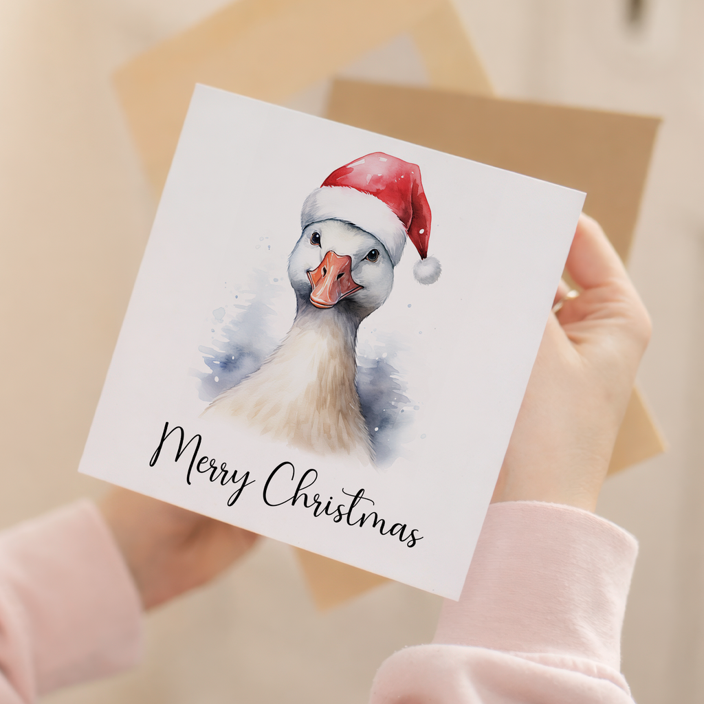 Fun Christmas Card of a Goose Wearing A Santa Hat Whimsical Watercolour Christmas Card For Animal Lover For Him or Her