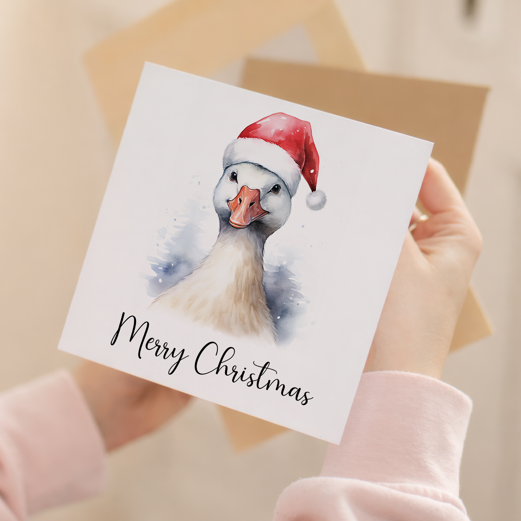 Fun Christmas Card of a Goose Wearing A Santa Hat Whimsical Watercolour Christmas Card For Animal Lover For Him or Her
