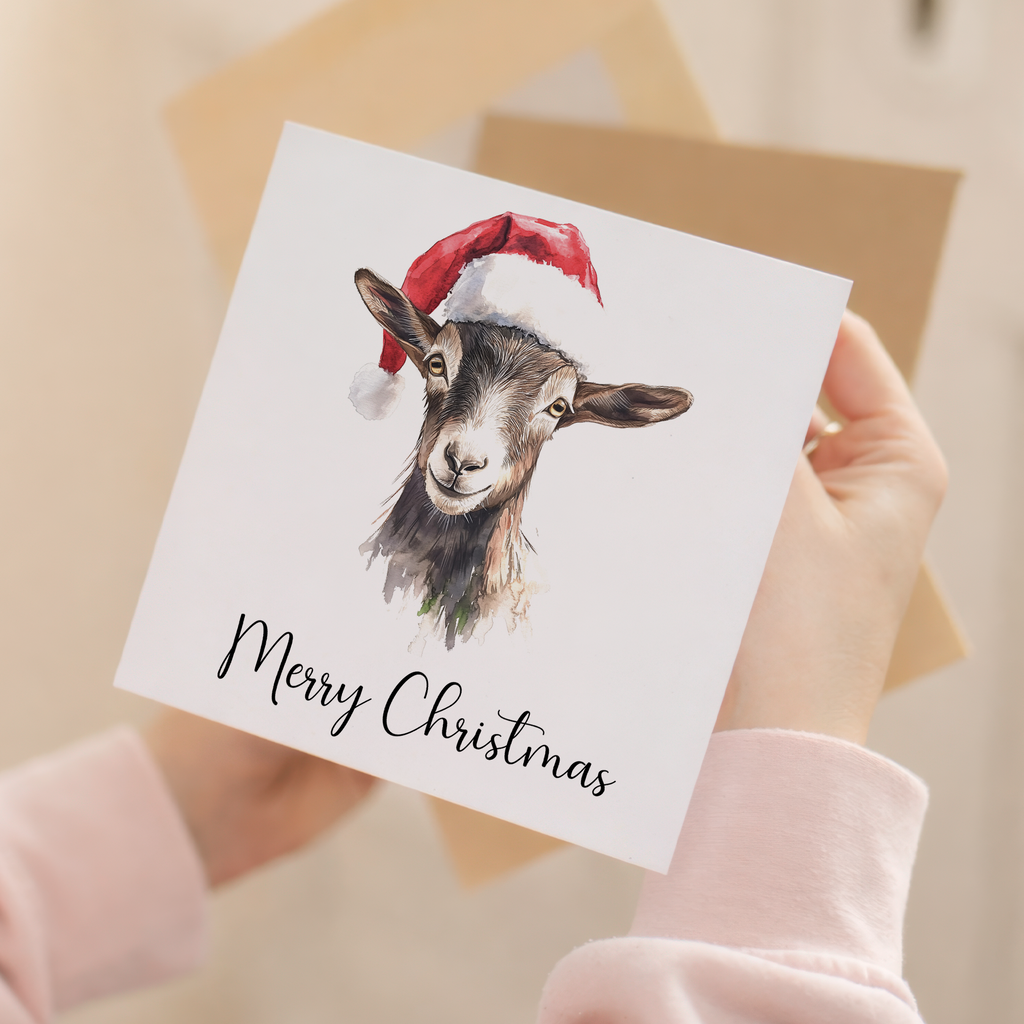 Fun Christmas Card of a Goat Wearing A Santa Hat Whimsical Watercolour Christmas Card For Animal Lover For Him or Her