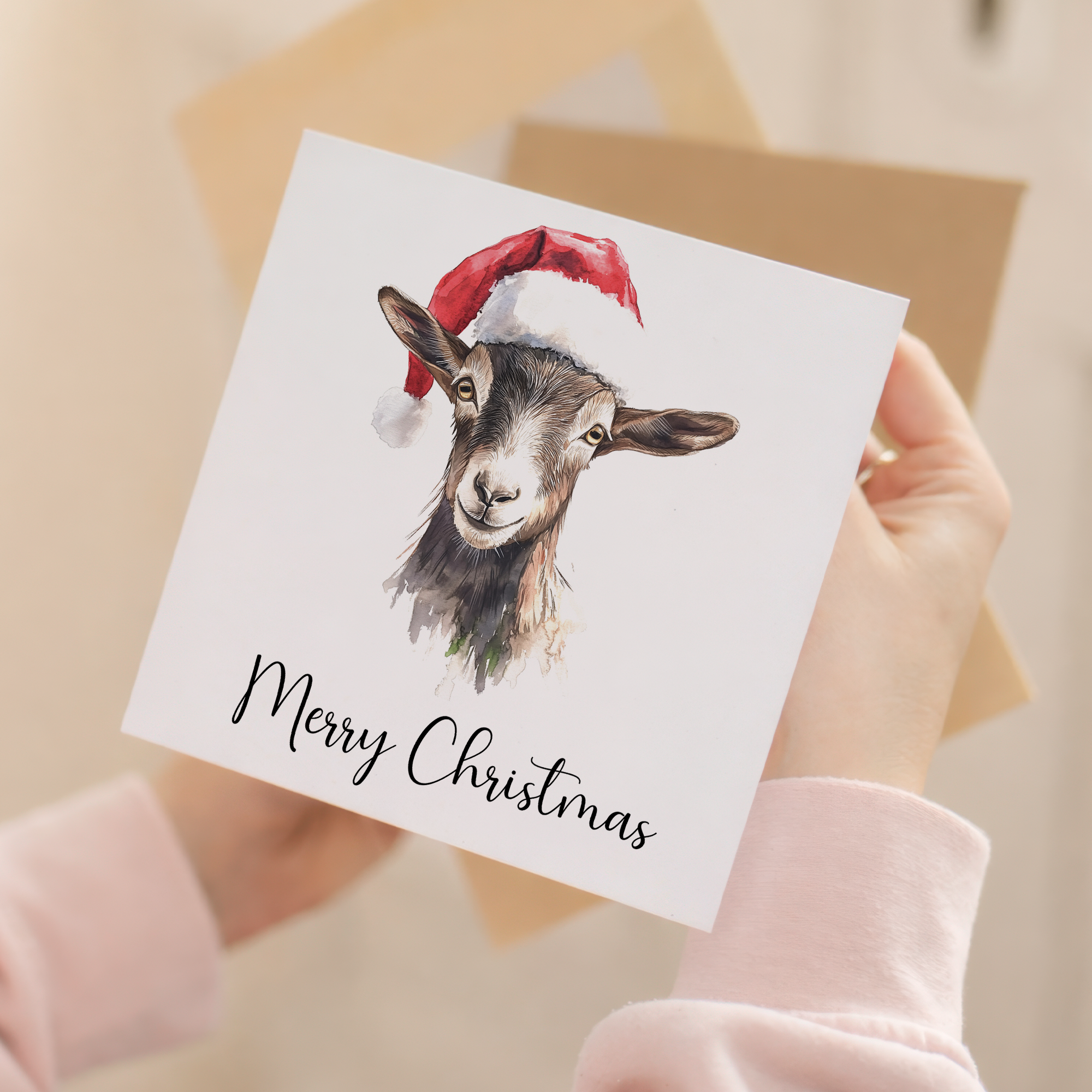 Fun Christmas Card of a Goat Wearing A Santa Hat Whimsical Watercolour Christmas Card For Animal Lover For Him or Her
