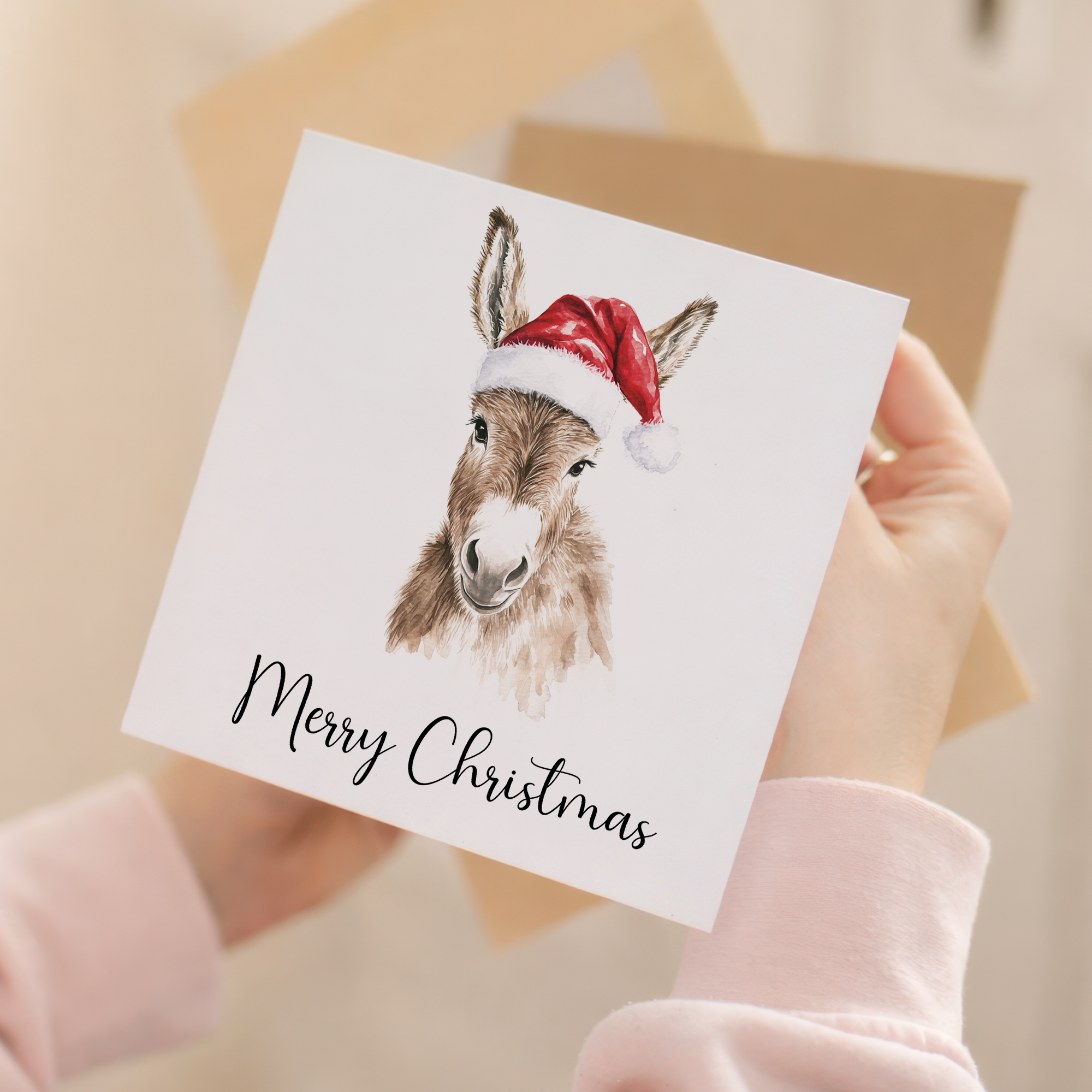 Fun Christmas Card of a Donkey Wearing A Santa Hat Whimsical Watercolour Christmas Card For Animal Lover For Him or Her