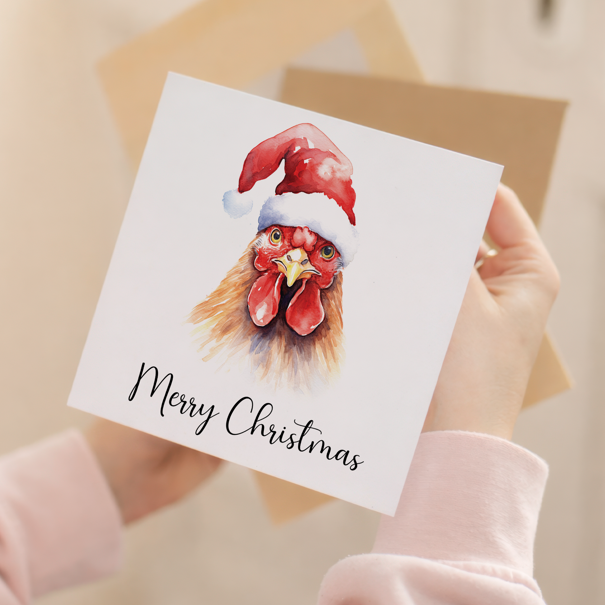 Fun Christmas Card of a Chicken Wearing A Santa Hat Whimsical Watercolour Christmas Card For Animal Lover For Him or Her