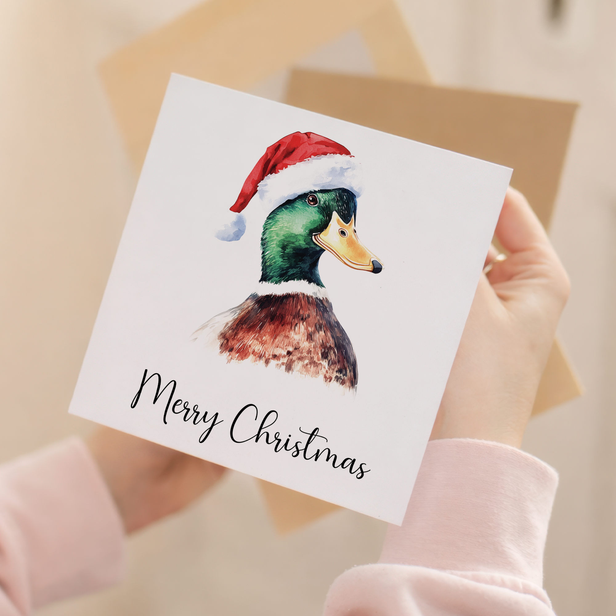 Fun Christmas Card of a Duck Wearing A Santa Hat Whimsical Watercolour Christmas Card For Animal Lover For Him or Her