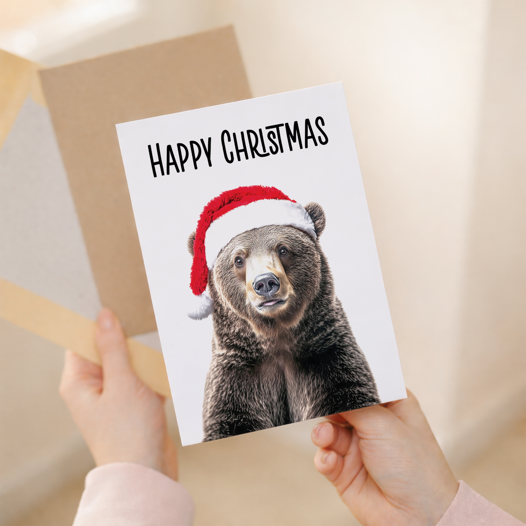 Whimsical Christmas Card of a Bear Wearing a Santa Hat, Eco-Friendly Material, For Him or Her