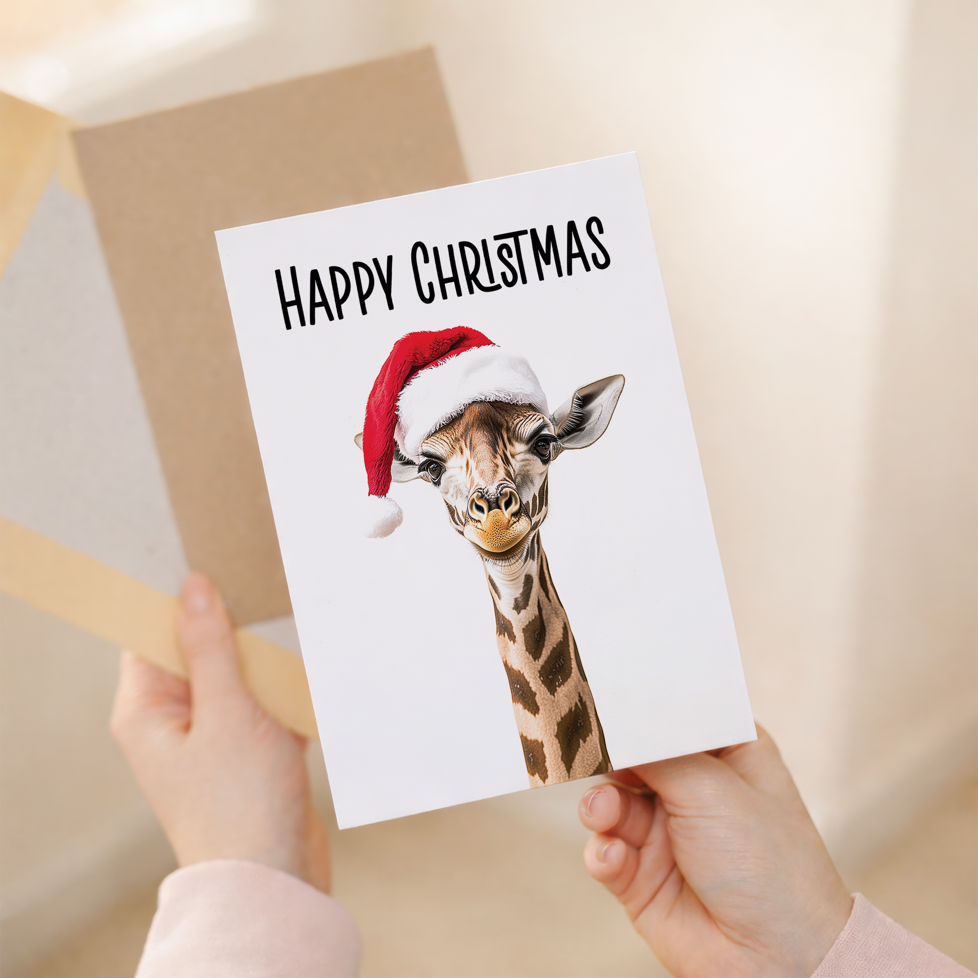 Whimsical Giraffe Christmas Card Wearing a Santa Hat, Eco-Friendly Material, For Him or Her