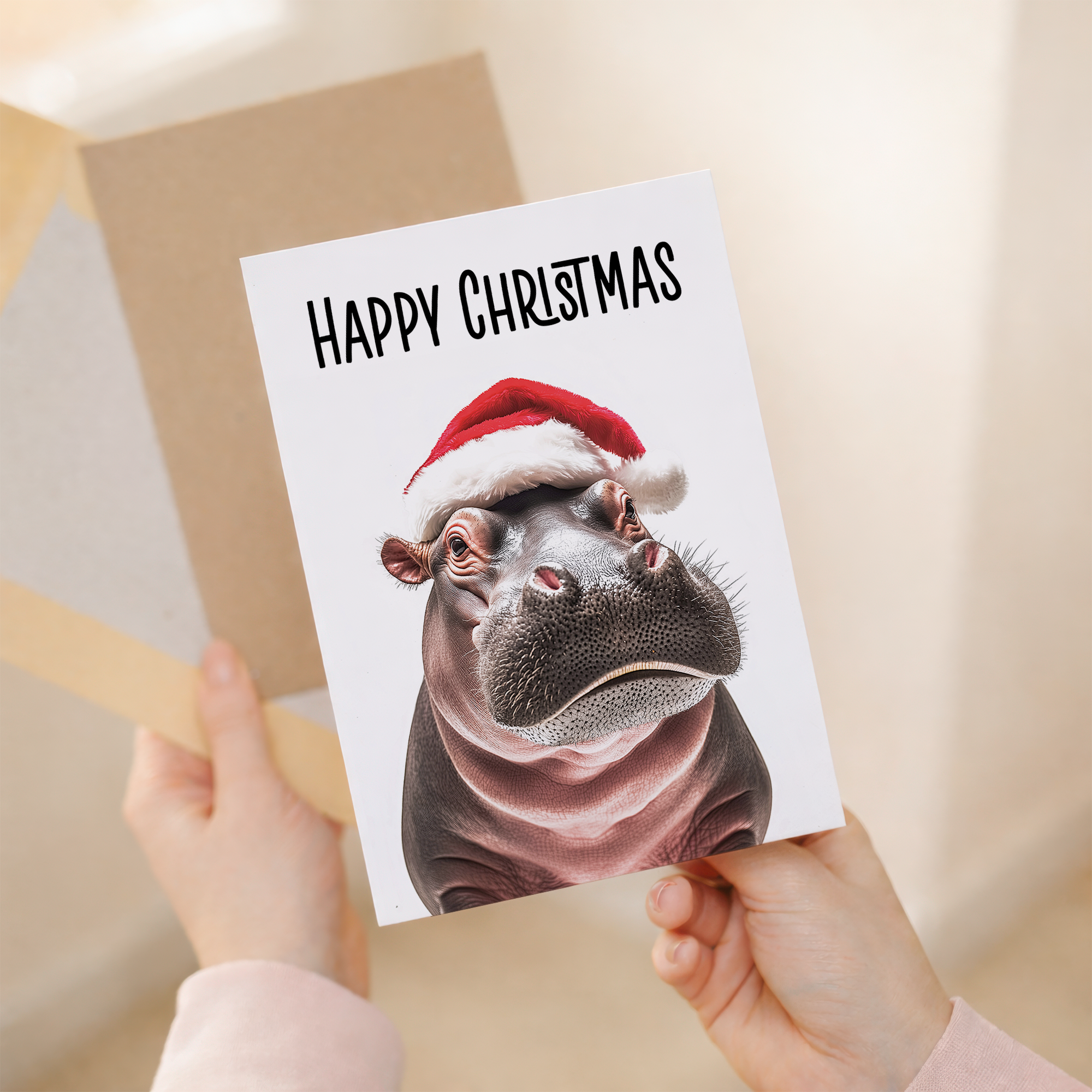 Whimsical Christmas Card of a Hippo Wearing a Santa Hat, Eco-Friendly Material, For Him or Her