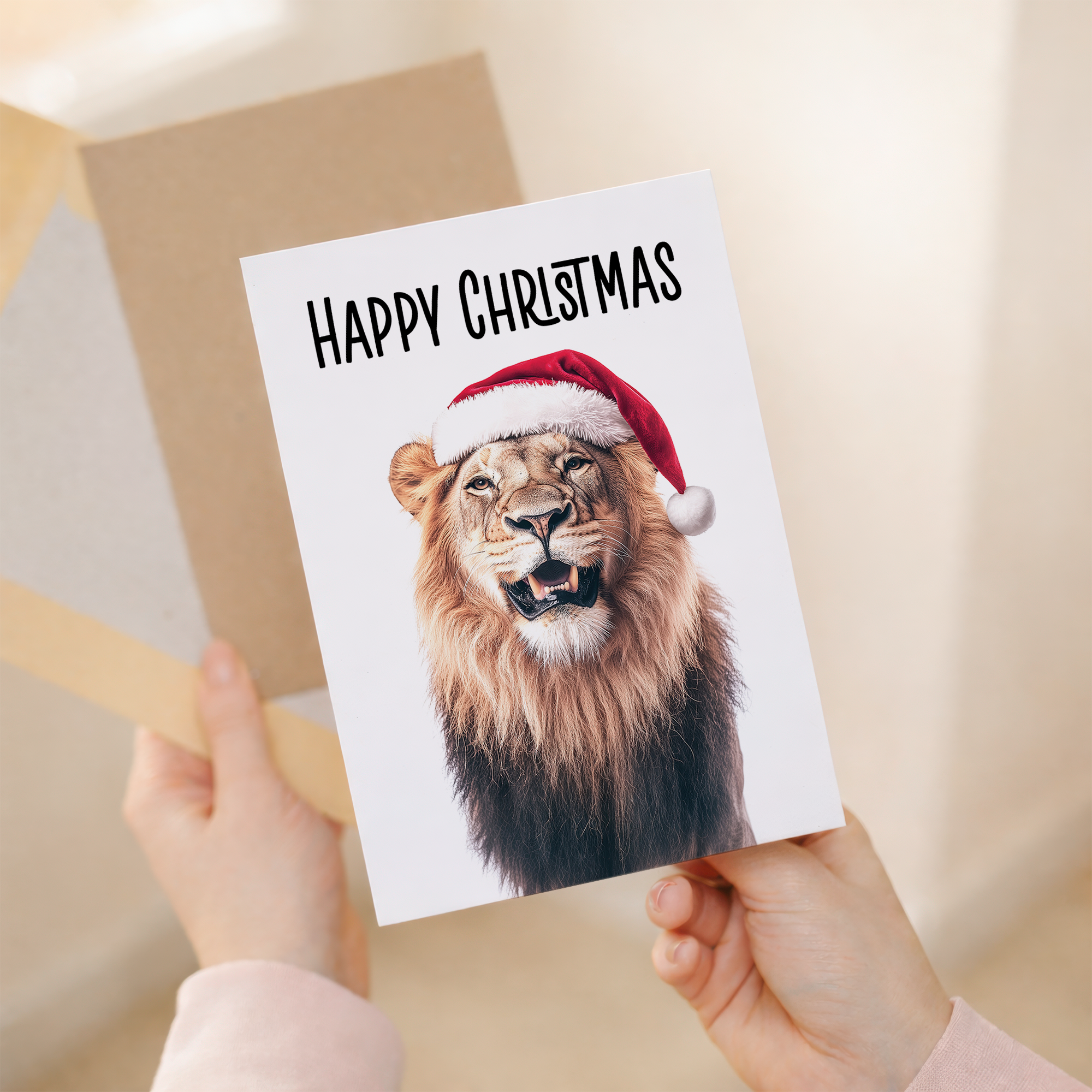Whimsical Lion Wearing a Santa Hat Christmas Card, Eco-Friendly Material, For Him or Her