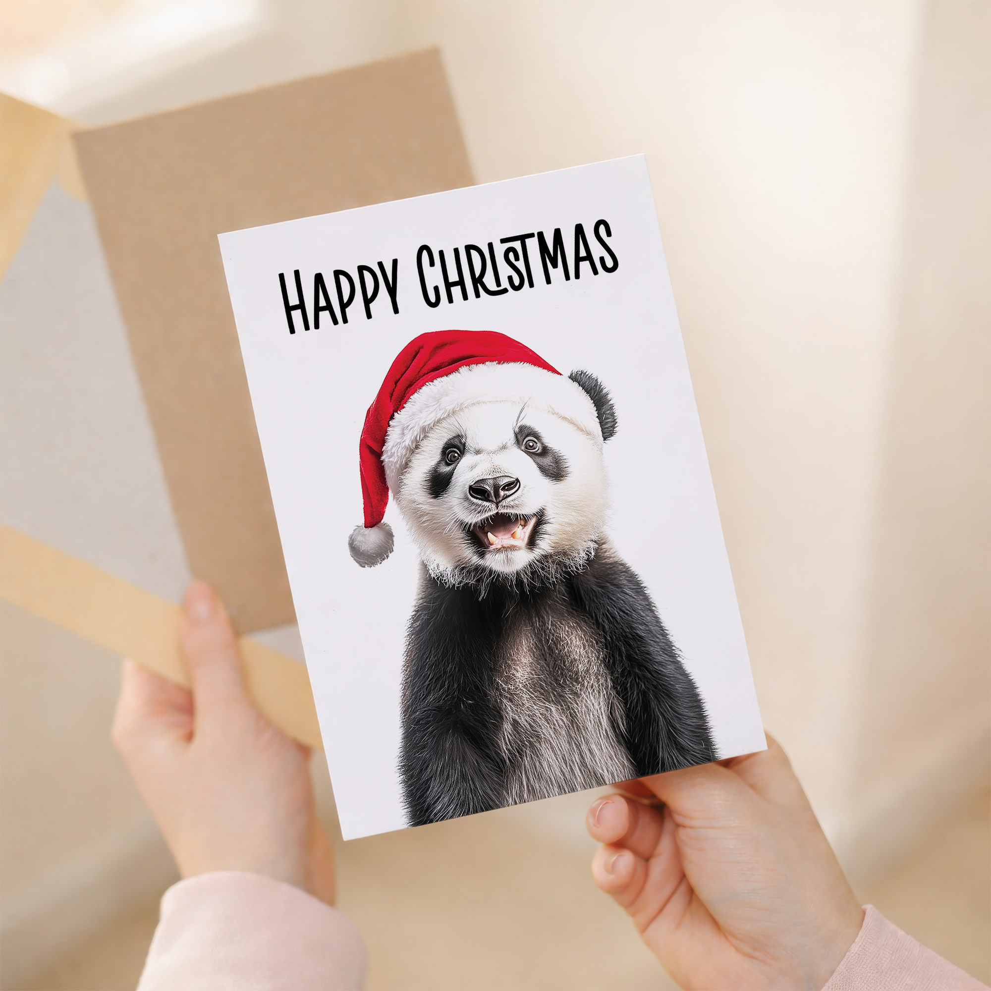 Whimsical Panda Christmas Card Wearing Santa Hat, Eco-Friendly Material, For Him or Her