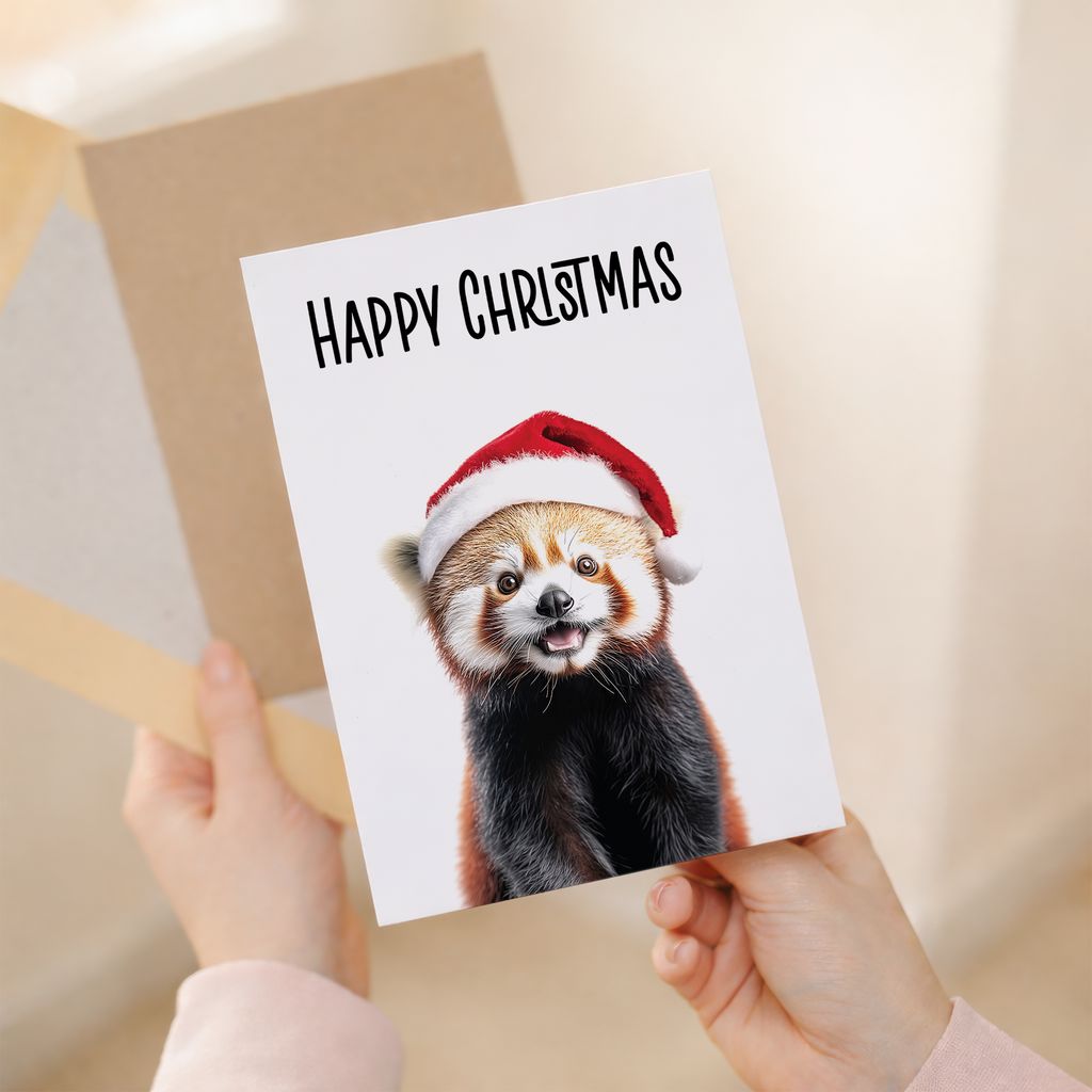 Whimsical Red Panda Christmas Card Wearing a Santa Hat, Eco-Friendly Material, For Him or Her