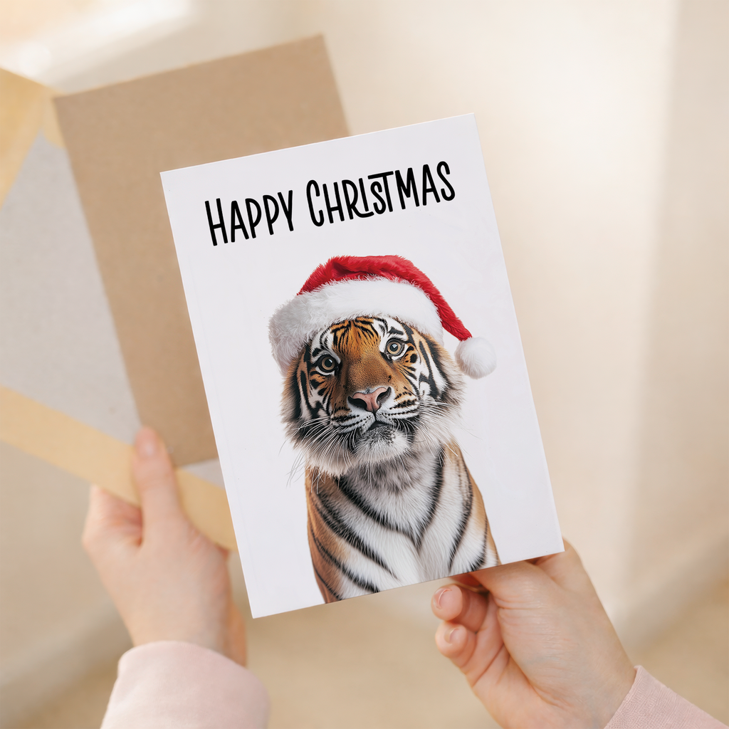 Whimsical Christmas Card Featuring a Tiger Wearing a Santa Hat, Eco-Friendly Material, For Him or Her