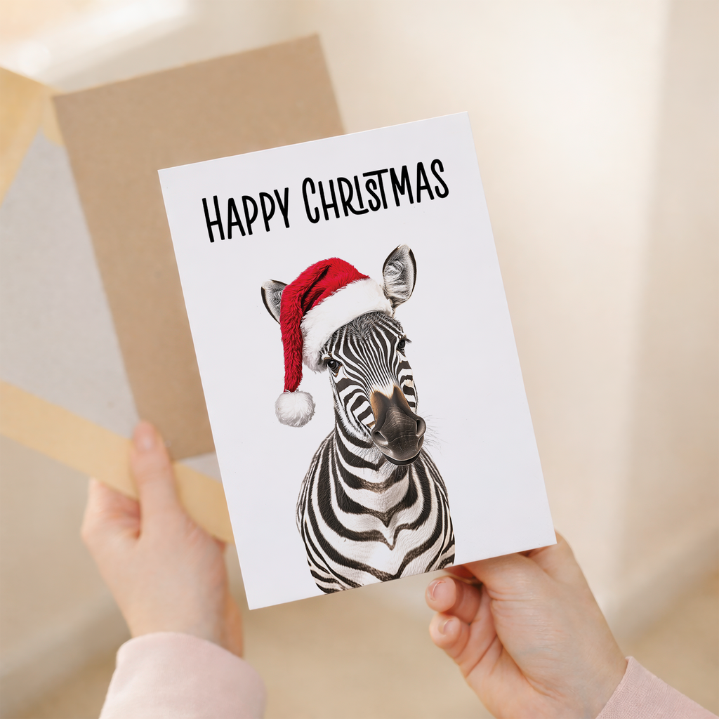 Whimsical Zebra Wearing a Santa Hat Christmas Card, Eco-Friendly Material, For Him or Her