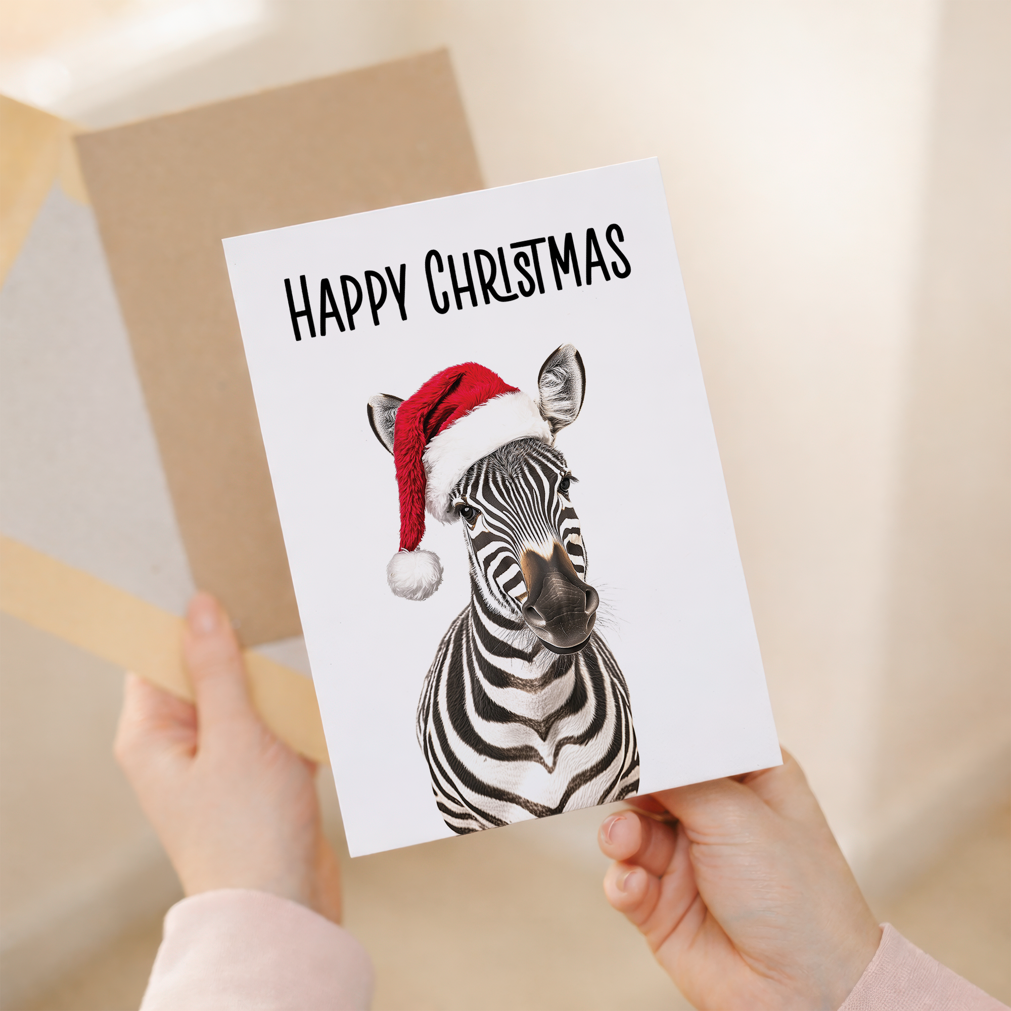 Whimsical Zebra Wearing a Santa Hat Christmas Card, Eco-Friendly Material, For Him or Her