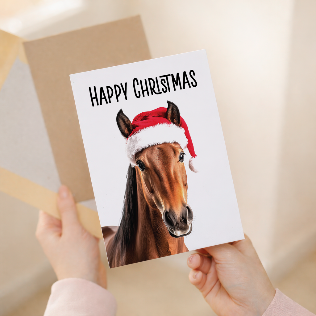 Whimsical Christmas Horse Card with Santa Hat, Eco-Friendly Material, For Him or Her