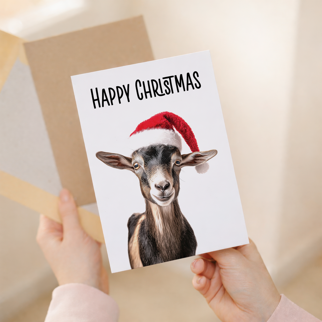 Whimsical Christmas Card of a Goat Wearing a Santa Hat, Eco-Friendly Material, For Him or Her