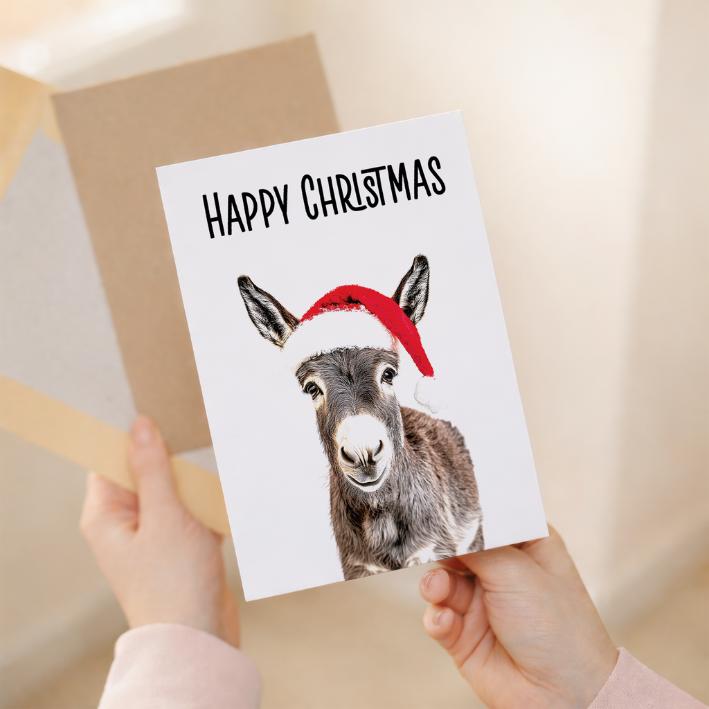 Fun Christmas Card of a Donkey Wearing A Santa Hat Whimsical Christmas Card For Animal Lover For Him or Her