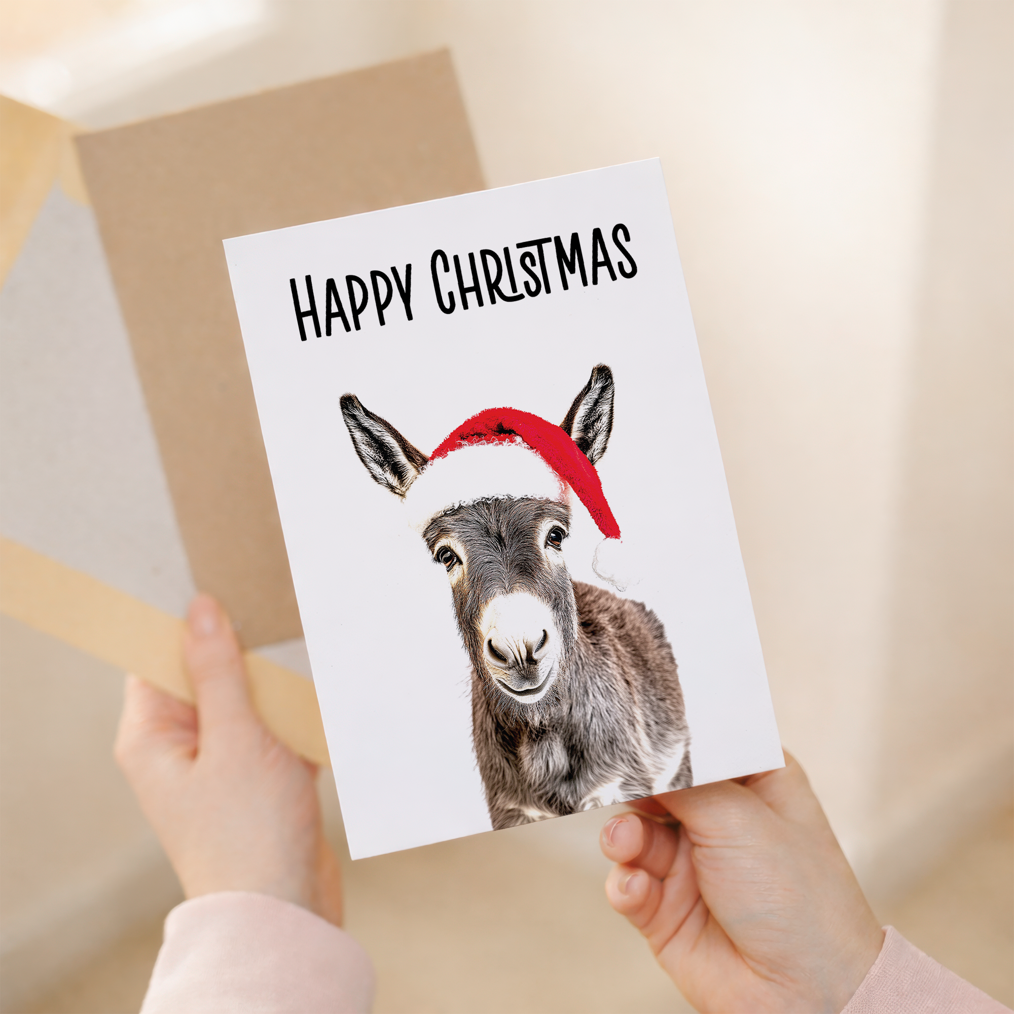 Fun Christmas Card of a Donkey Wearing A Santa Hat Whimsical Christmas Card For Animal Lover For Him or Her