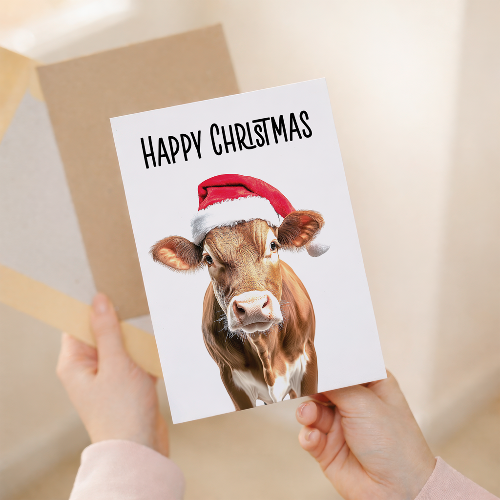 Whimsical Christmas Card Featuring a Cow Wearing a Santa Hat, Eco-Friendly Material, For Him or Her
