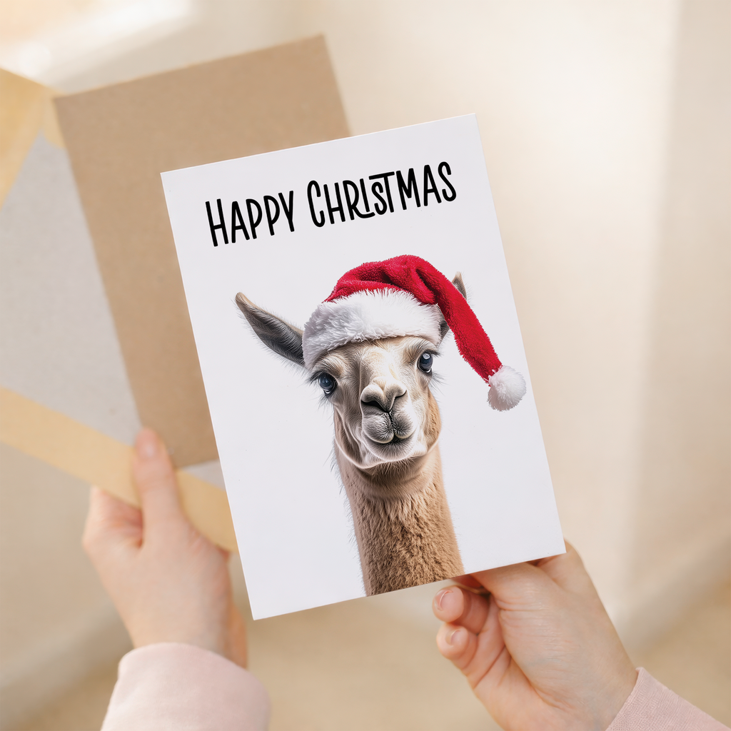 Whimsical Llama Wearing a Santa Hat Christmas Card, Eco-Friendly Material, For Him or Her