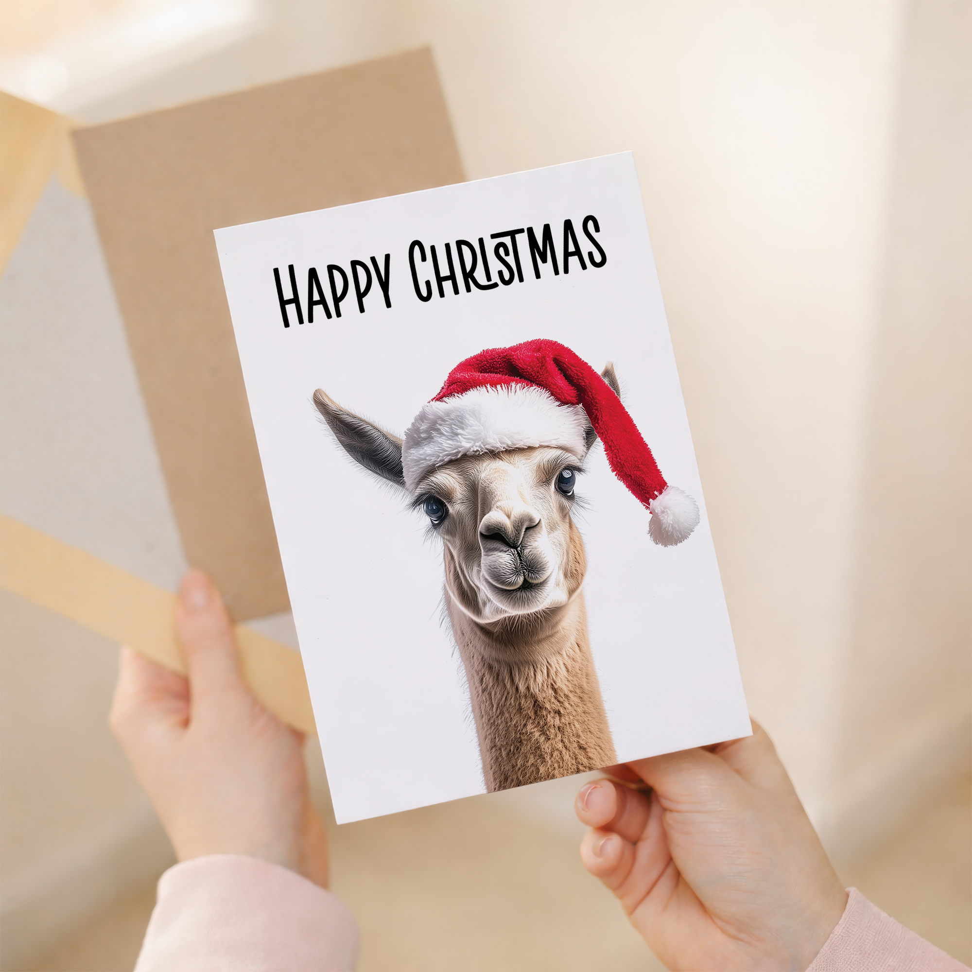 Whimsical Llama Wearing a Santa Hat Christmas Card, Eco-Friendly Material, For Him or Her