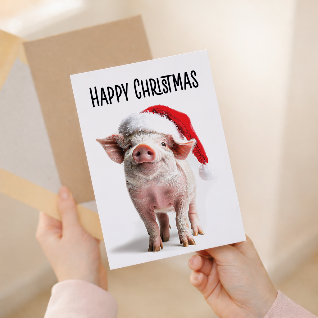 Whimsical Pig Wearing a Santa Hat Christmas Card, Eco-Friendly Material, For Him or Her