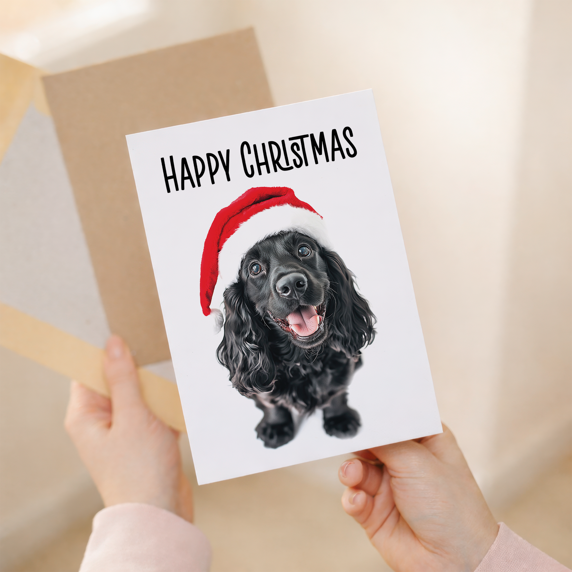 Fun Christmas Card of a Black Cocker Spaniel Dog Wearing A Santa Hat Whimsical Christmas Card For Animal Lover For Him or Her
