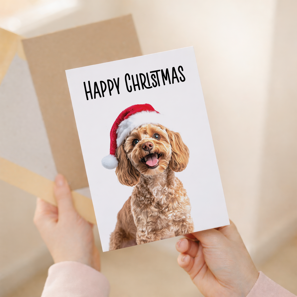 Whimsical Cockerpoo Dog Christmas Card Wearing a Santa Hat, Eco-Friendly Material, For Him or Her